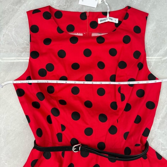 Women’s Grace Karin Retro Polka Dot Flare Sleeveless Dress With Belt Medium - Picture 15 of 16